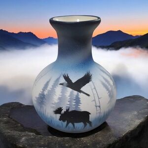 Cedar Mesa Blue Vase With Eagle Moose By Native American Artist T. Benally